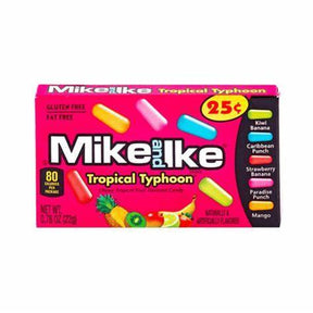 Mike and Ike Tropical Typhoon Amerikaans snoep, fruitige chewy candy in kleurrijke doos.