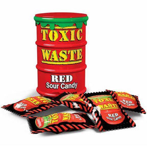 Toxic Waste Red Sour Candy drum met losse Amerikaanse zure snoepjes, ThiesCandyz
